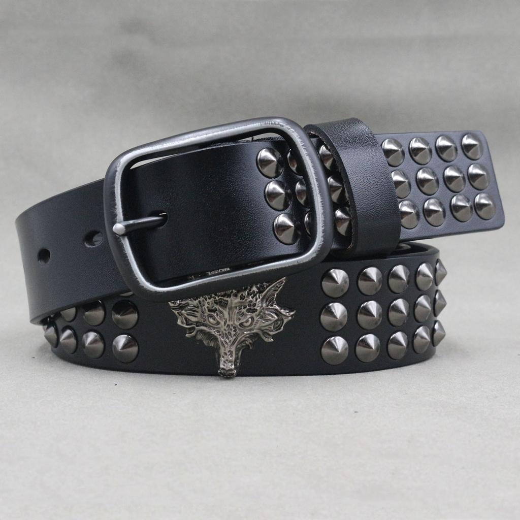 Pointed Rivets Cowhide Belt Men's Japanese Buckle Wolf Head 3D Decoration Women's Belt Punk Style