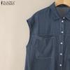ZANZEA Women Summer Shirt Collar Sleeveless Loose Shirts