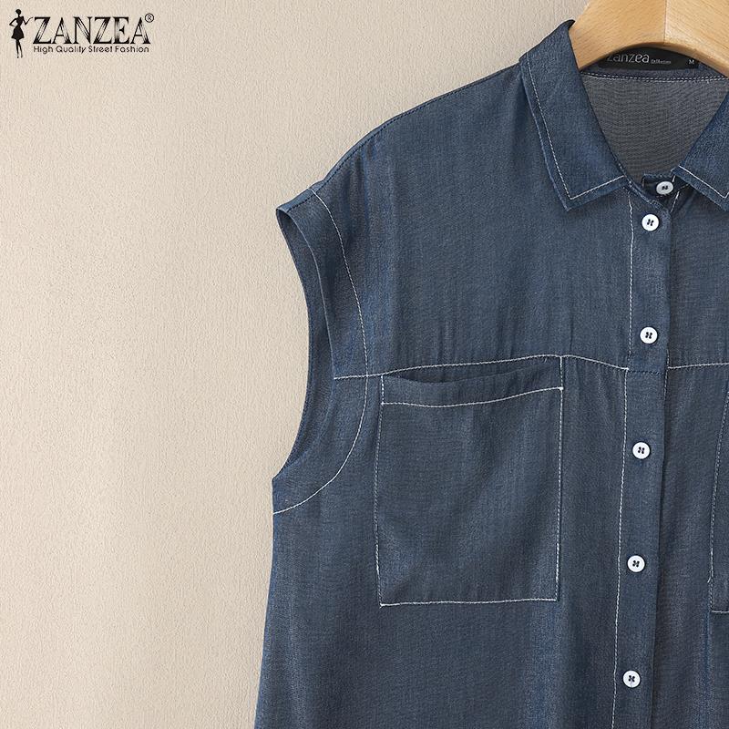 ZANZEA Women Summer Shirt Collar Sleeveless Loose Shirts