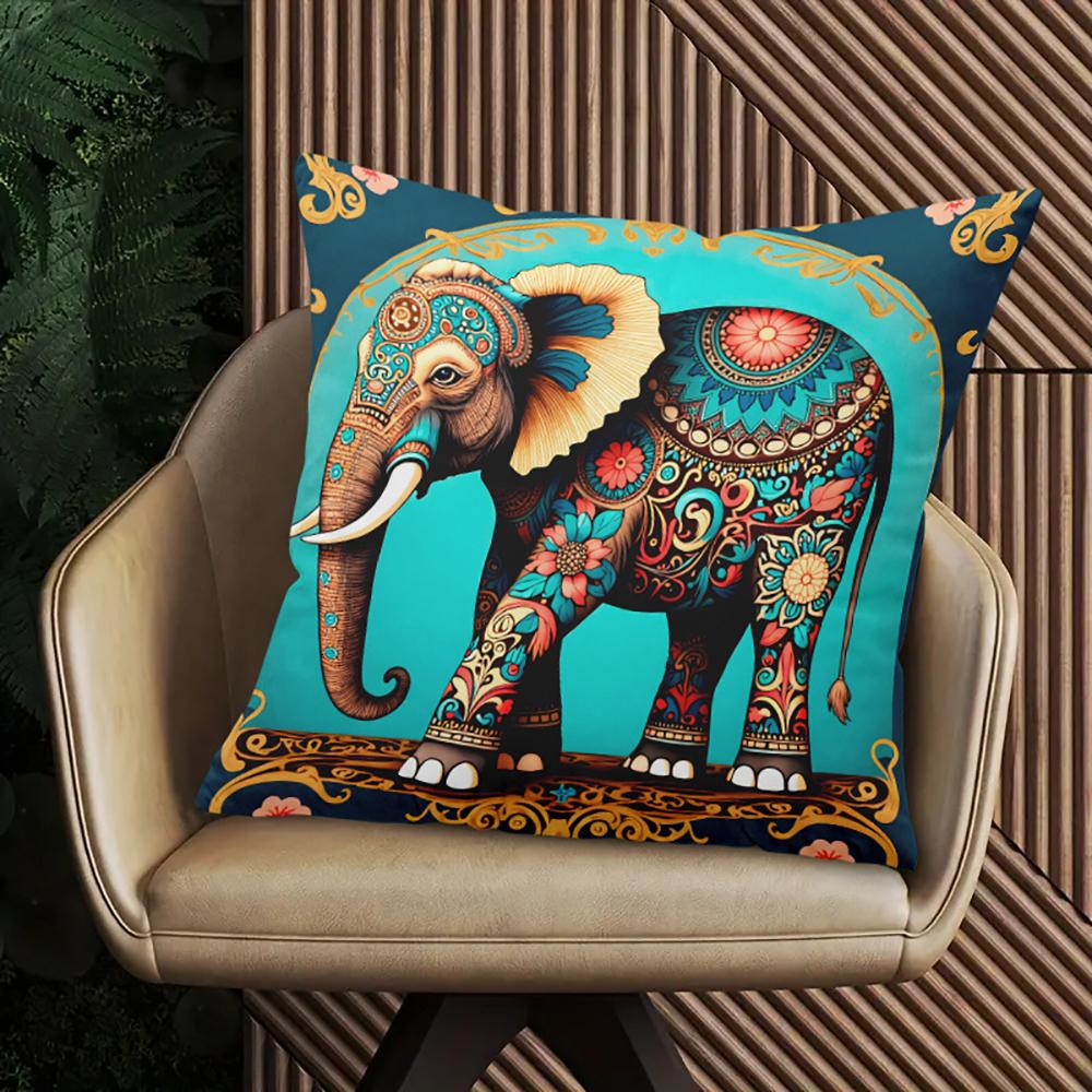 2D Flat- Bohemian Elephant Decorative Throw Pillow Cover Ethnic Style Floral Cushion Case For Home Sofa Bedroom