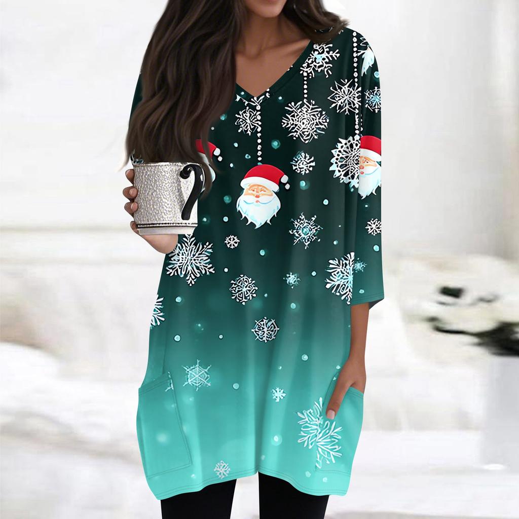 Womens Tops V-neck 3/4 Sleeve Blouses Casual Mid-length Shirts Fashion Christmas Print Tunic Tops With Pockets