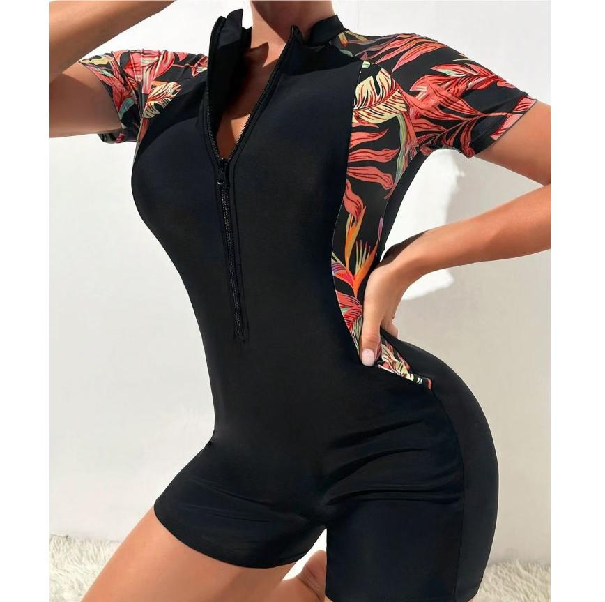 

One Piece Floral Swimwear Swim Suit Women Short Sleeve Swimsuit Zip Front Tropical Plant Surfing Sun Protectio S