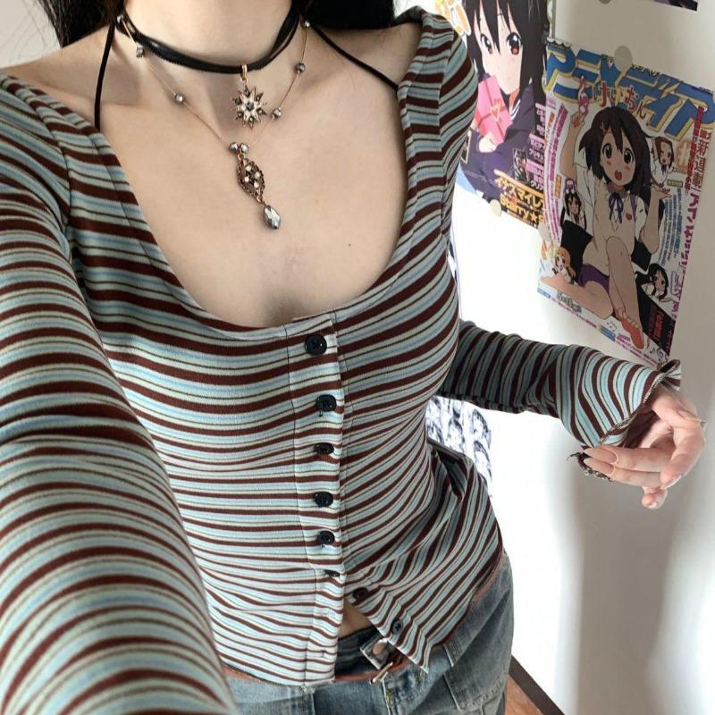 2KWEIRD Vintage Striped Cotton T Shirts Women Japanese Style Y2k Bandage Crop Tops Trendy 2000s Casual Long Sleeve Tees Female New