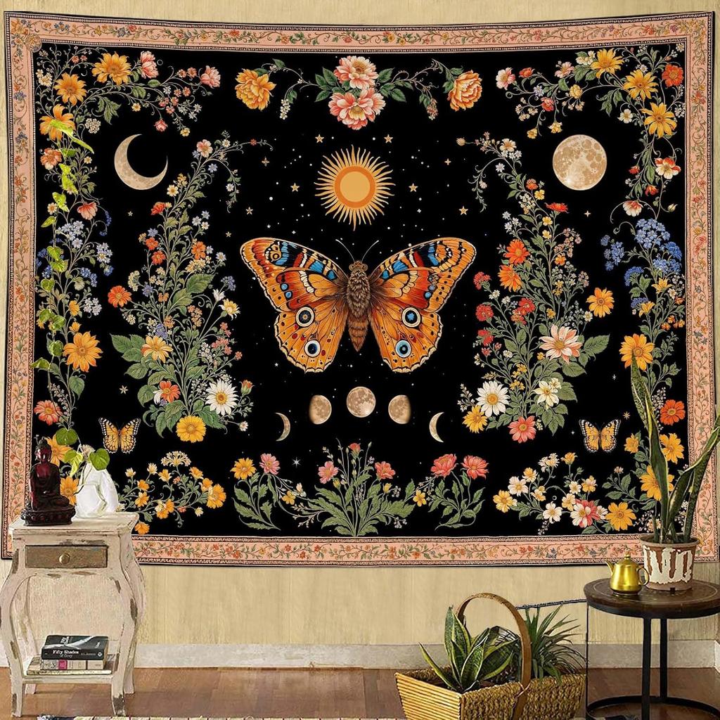 Mystical Moon Phase Butterfly Tapestry, Floral & Celestial Print with Wildflowers, Wall Decor for Nature & Witchy Rooms