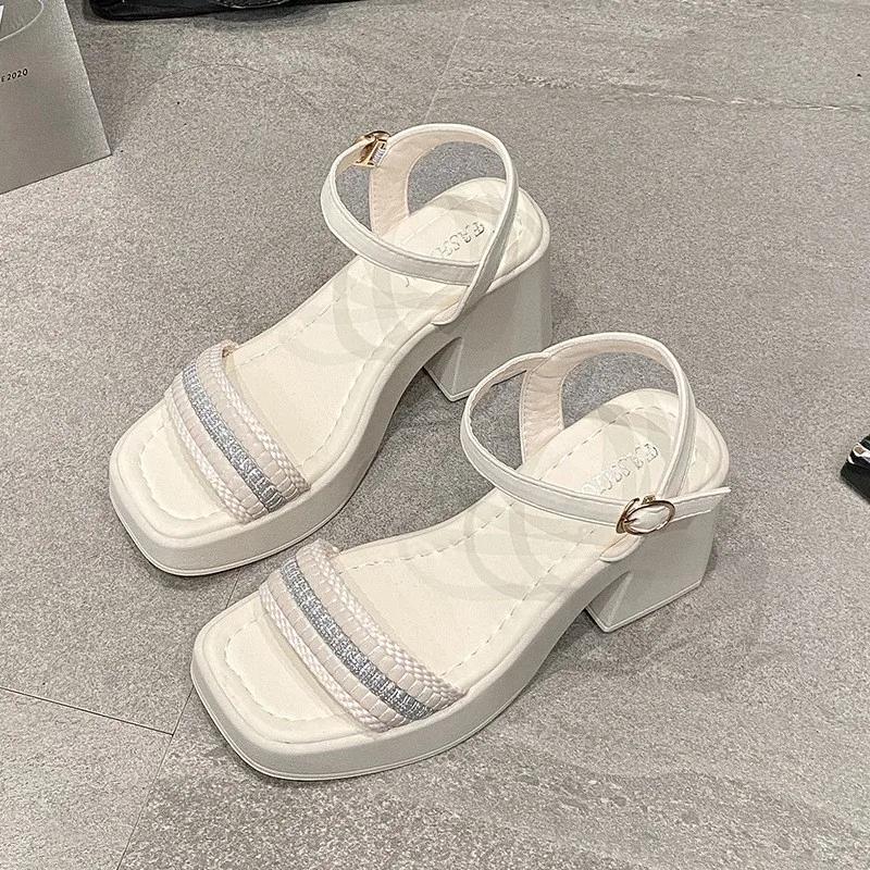 Chunky Heel Platform Slide Sandals 2025 Summer Women Square Toe Strappy Mule Slippers Plus Size Beach Shoes European Design