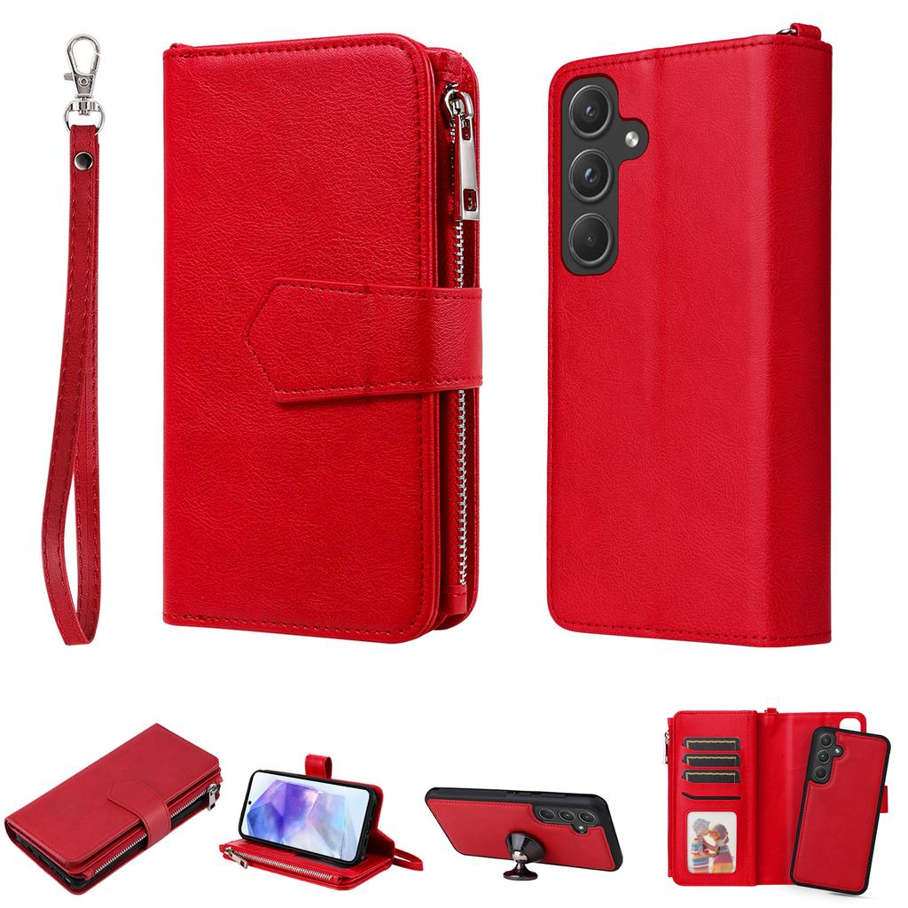 For Samsung Galaxy A55 5G Magnetic Leather Case Mobile Cover with Detachable Zipper Wallet Strap