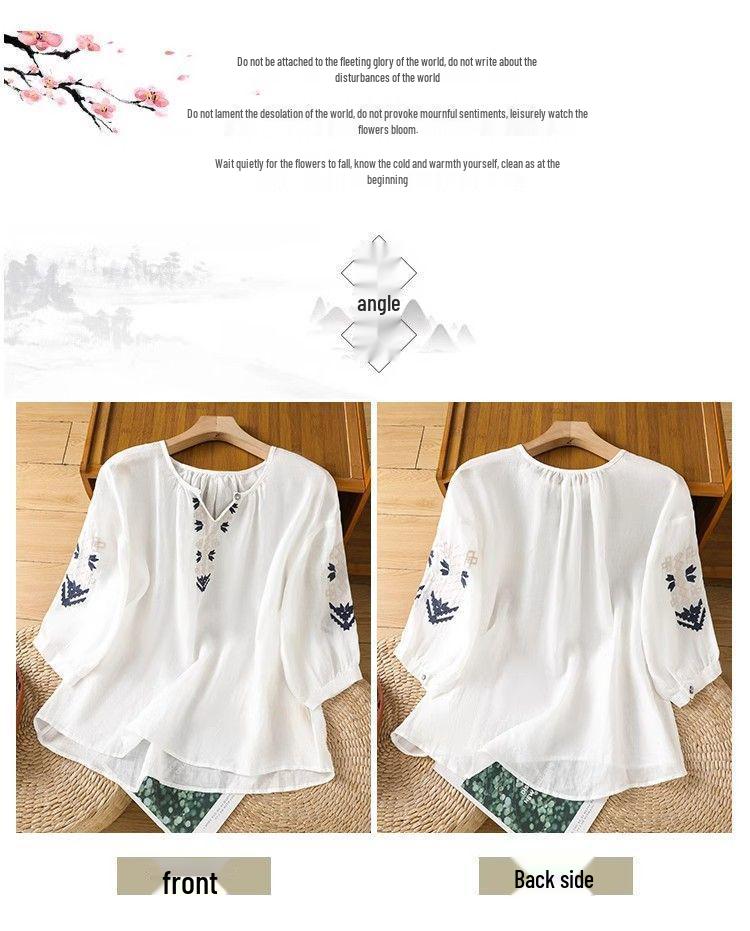 Women's Ethnic Cotton Linen Embroidered Lantern Sleeve Top
