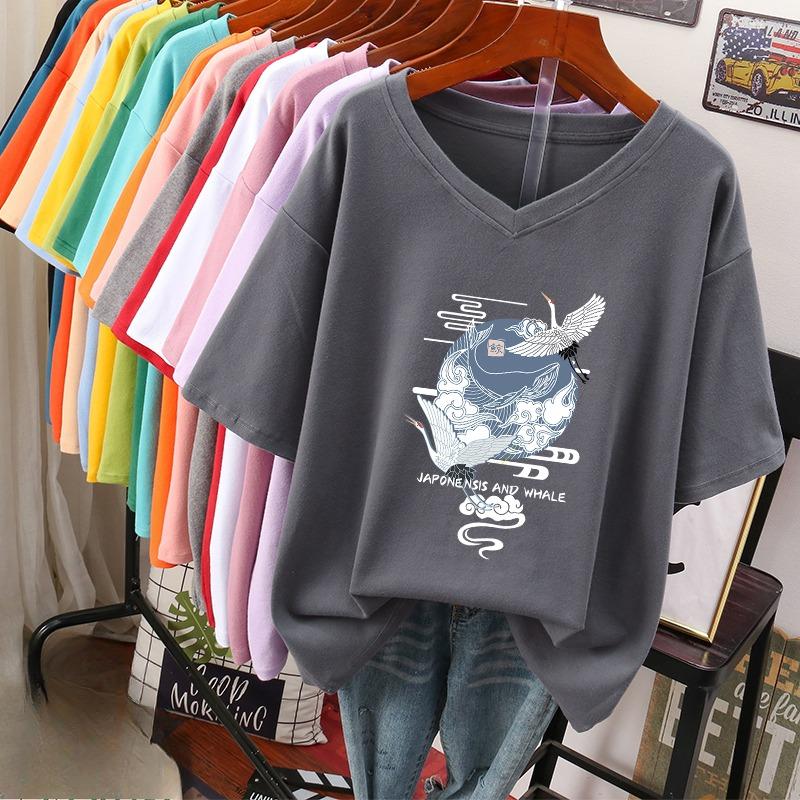 Short-sleeved T-shirt, Loose-fitting, Slimming Printed V-neck Top for Women