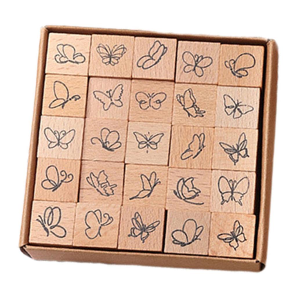 25Pcs Mini Stamps Handmade Stamper Set Wooden Rubber Stamps for Scrapbooking