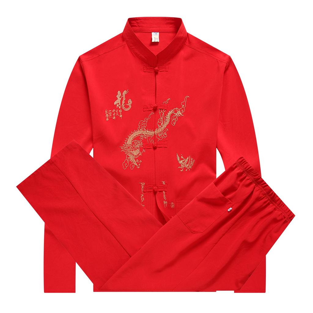 Herbst-Tang-Anzug für Herren: Besticktes Froschknopf Stehkragen Langarm Tai Chi Hemd Set