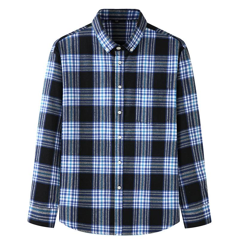 Spring and Autumn Large Size Men's Blue Brushed Long-sleeved Plaid Shirt Fat Brother Fat Guy Autumn and Winter Loose Casual Large F-neck Shirt
