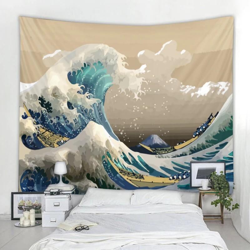 VIKAMA Meereswellen Wandteppich Ukiyoe Kreative Anpassung Kinderzimmer Spielzimmer Café Den Einfach zu Installieren Lustige Wanddekoration