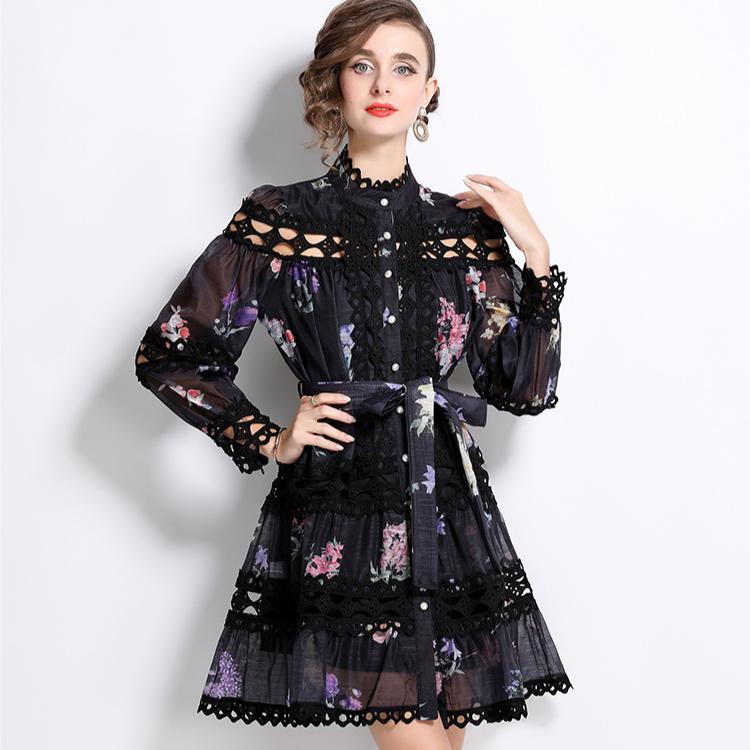 Printemps Automne Femmes Vintage Col Montant Imprimé Dentelle Patchwork Mini Robes De Soirée Courtes