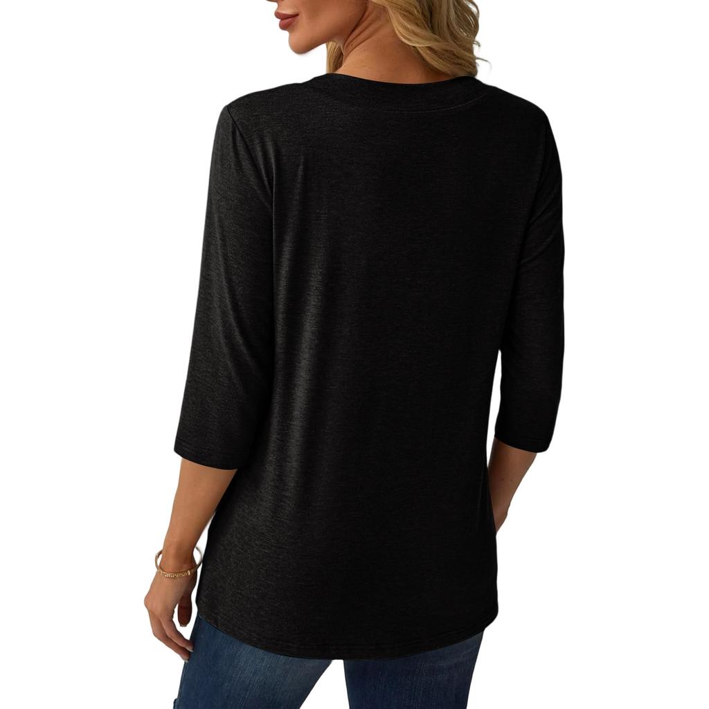Women's Casual Loose Fit V Neck Pullover Top Three Quarter Sleeve Lightweight Blouse for Everyday Wear