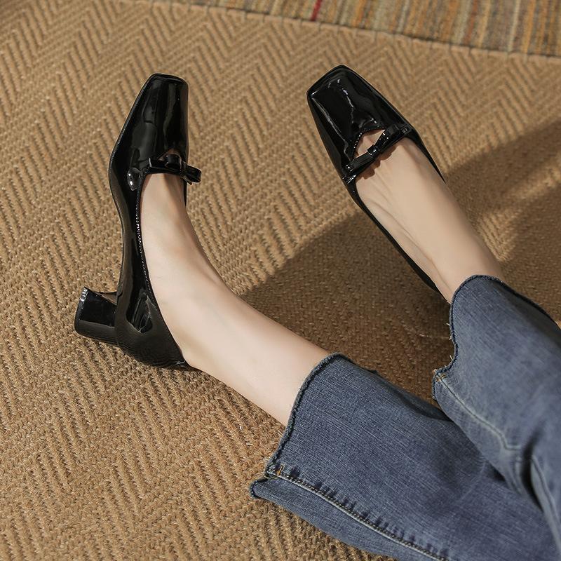 401 French elegant 5cm thick heel square head single shoes women's soft patent leather bow high heels high-end niche women's shoes