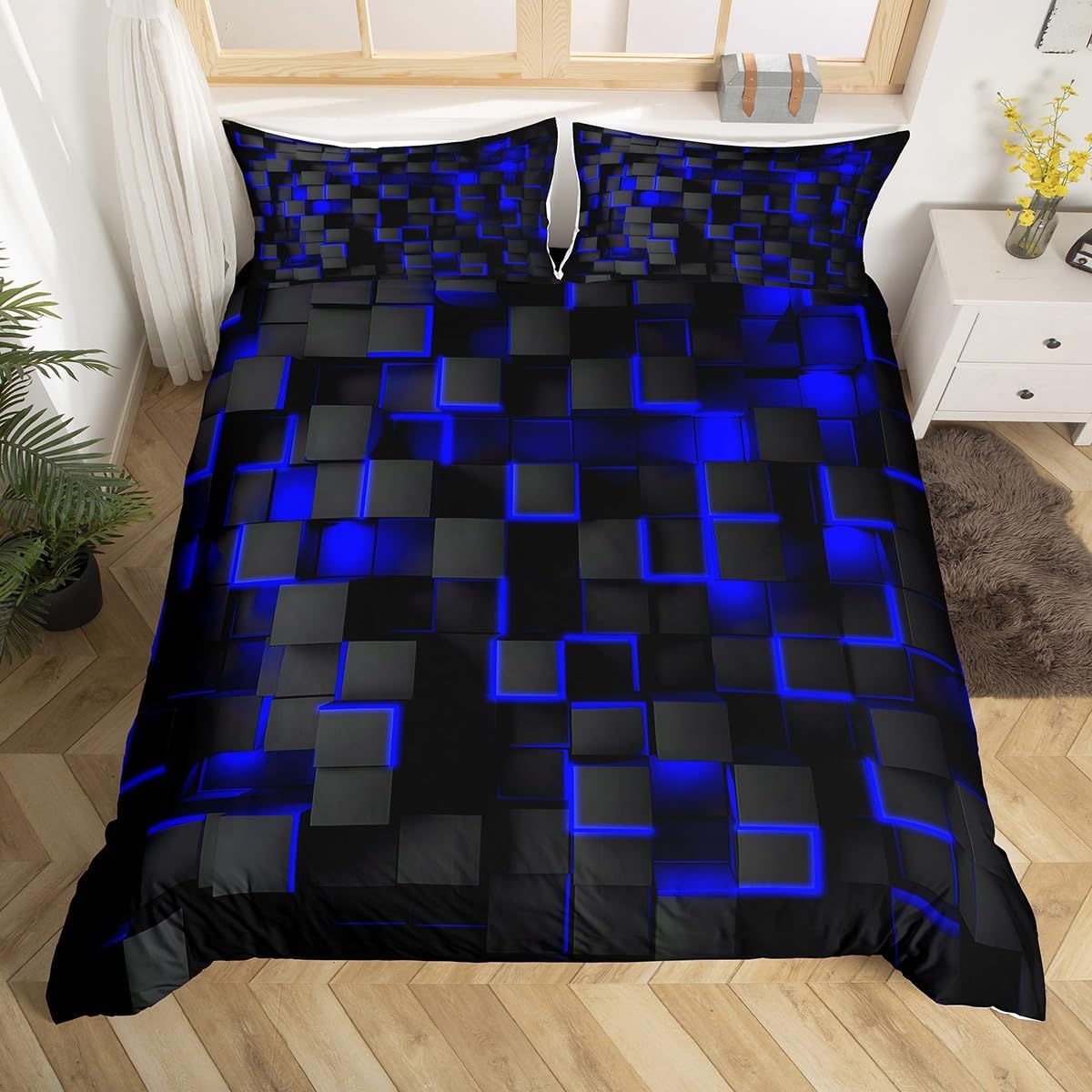 Jessica Chen Unisex Blue/Black/Light And Bedding Duvet Cover Set Geometric Bedding Set For Kids Boys Girls Comforter Cover Set Bedspread Cover