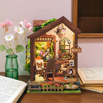 Mini DIY Wooden Book Nook Figurines Miniature Kits Butterfly House Bookshelf Home Bookend Decoration For Adult Handmade Gift