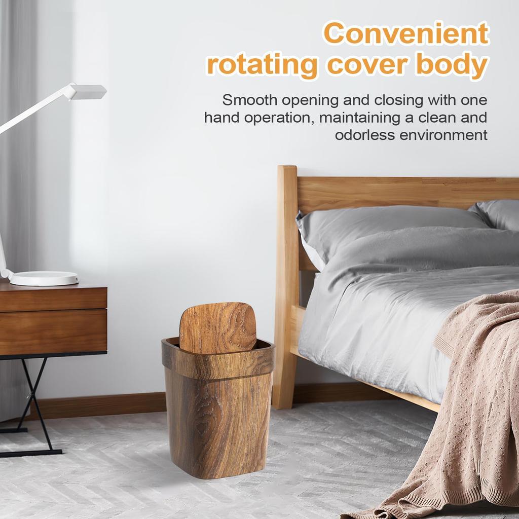 12L Odor-Proof Trash Can Mini Rectangular Reusable Faux Wood Grain Trash Can Bedroom Trash Can with Swing Lid
