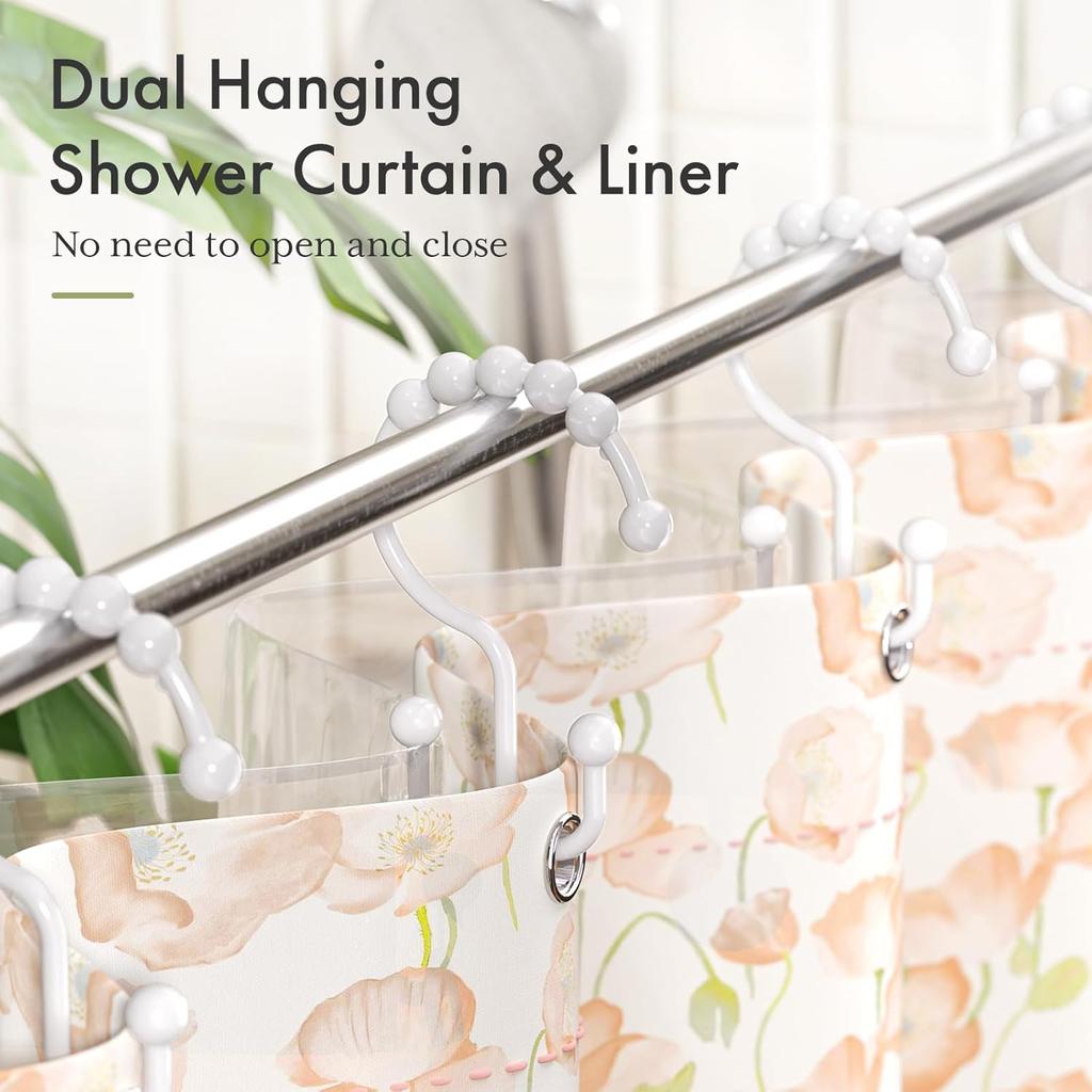 Amazer Plastic Shower Curtain Hooks, Double Shower Curtain Rings, Shower Rings for Shower Curtain, White Shower Hooks for Curtain Liner Bathroom - 12