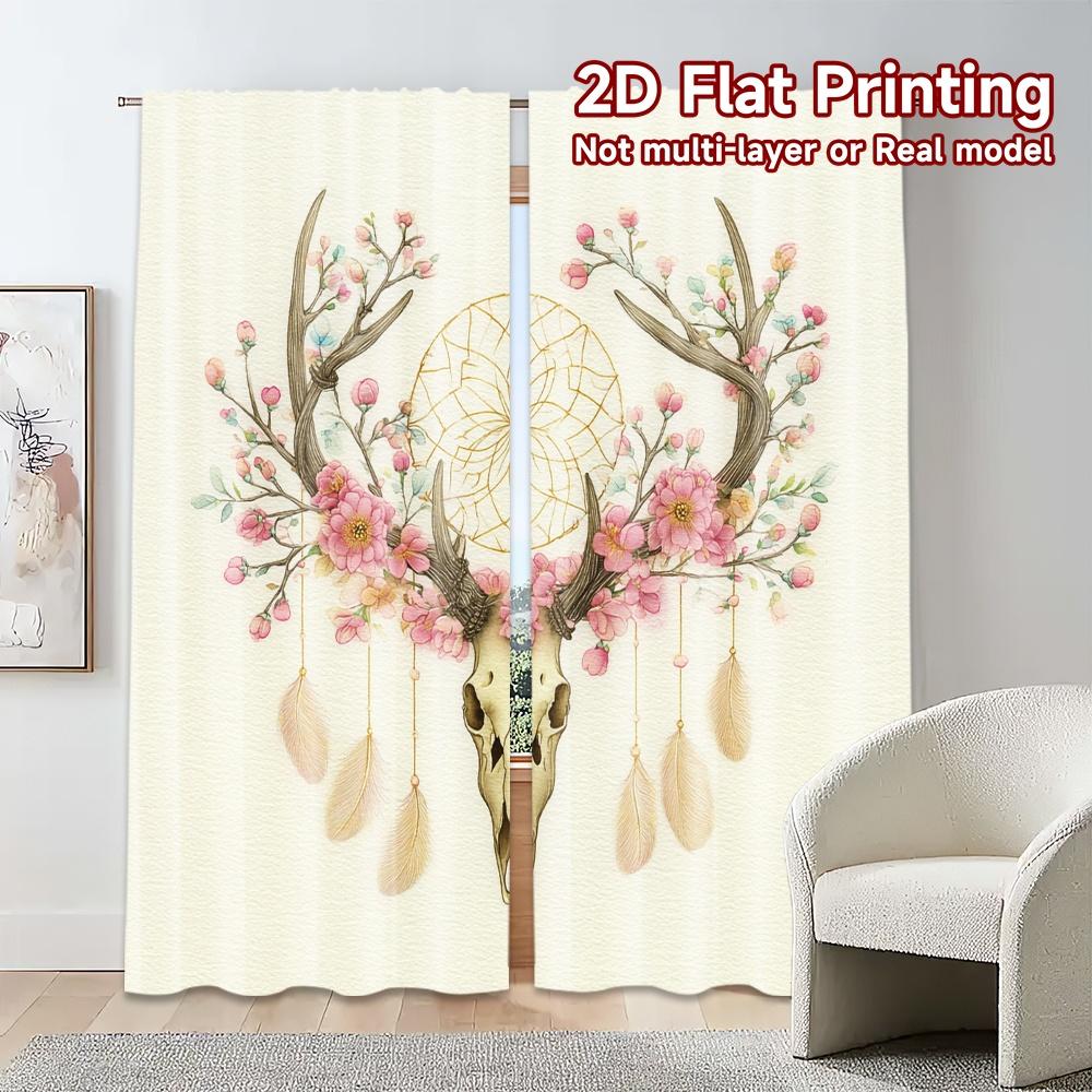 Set Of 2 Flat Printing Curtains Without Rod Floral Skull Design Ramadan Festival Chic Print Polyester Home Curtain Made