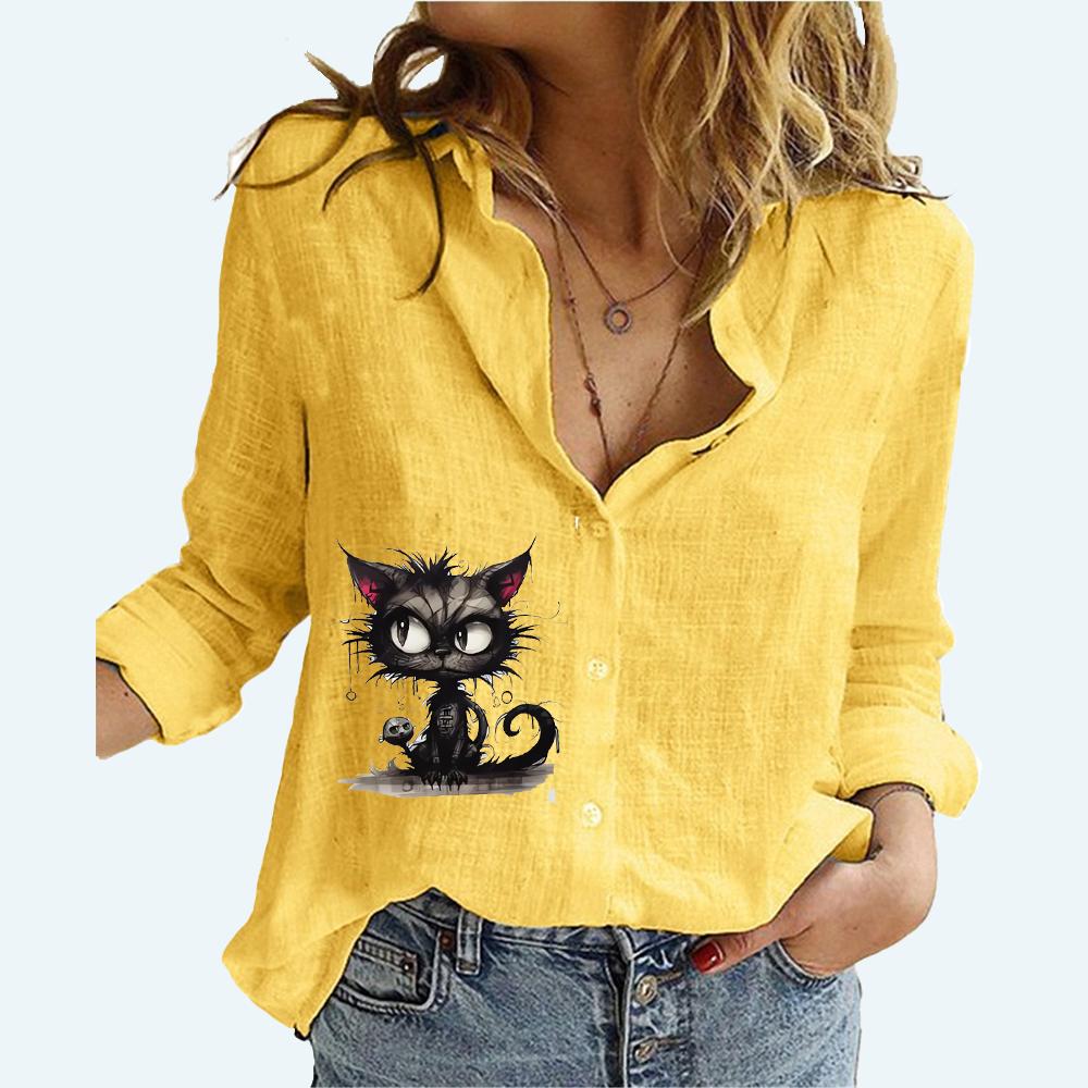 

Женская модная футболка с длинным рукавом, летняя и осенняя хлопково-льняная хлопковая льняная рубашка с отворотом, свободный топ, женские повседневные блузки на пуговицах с принтом 5XL жёлтый