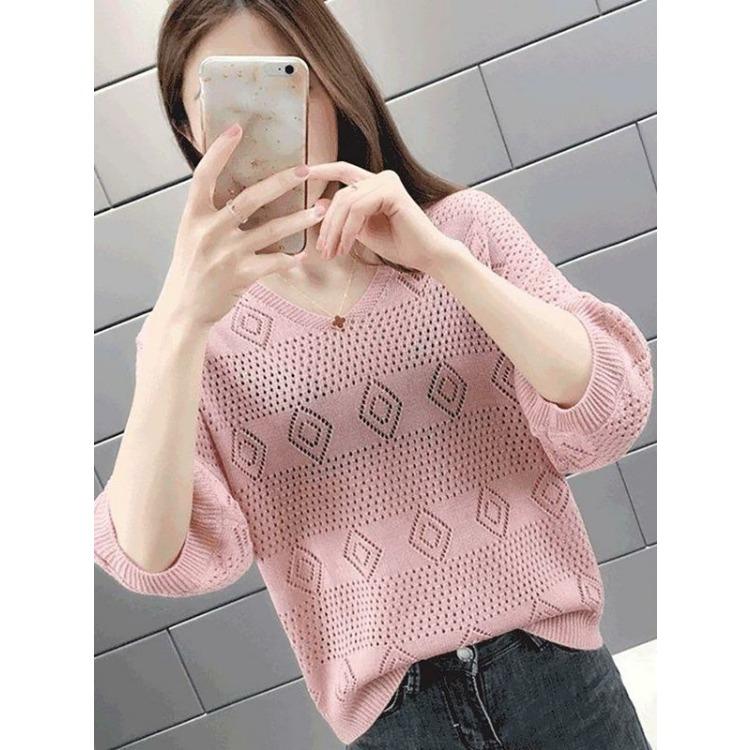 Spring and Summer V-neck Hollow Out Knitted Sweater for Women Loose Korean Version Bat Top for Women