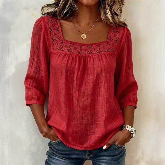 Camicetta da Donna Scollo Quadrato Manica 3/4 Colore Unico Casual Vestibilità Larga Pizzo Intrecciato Estiva Traspirante Top