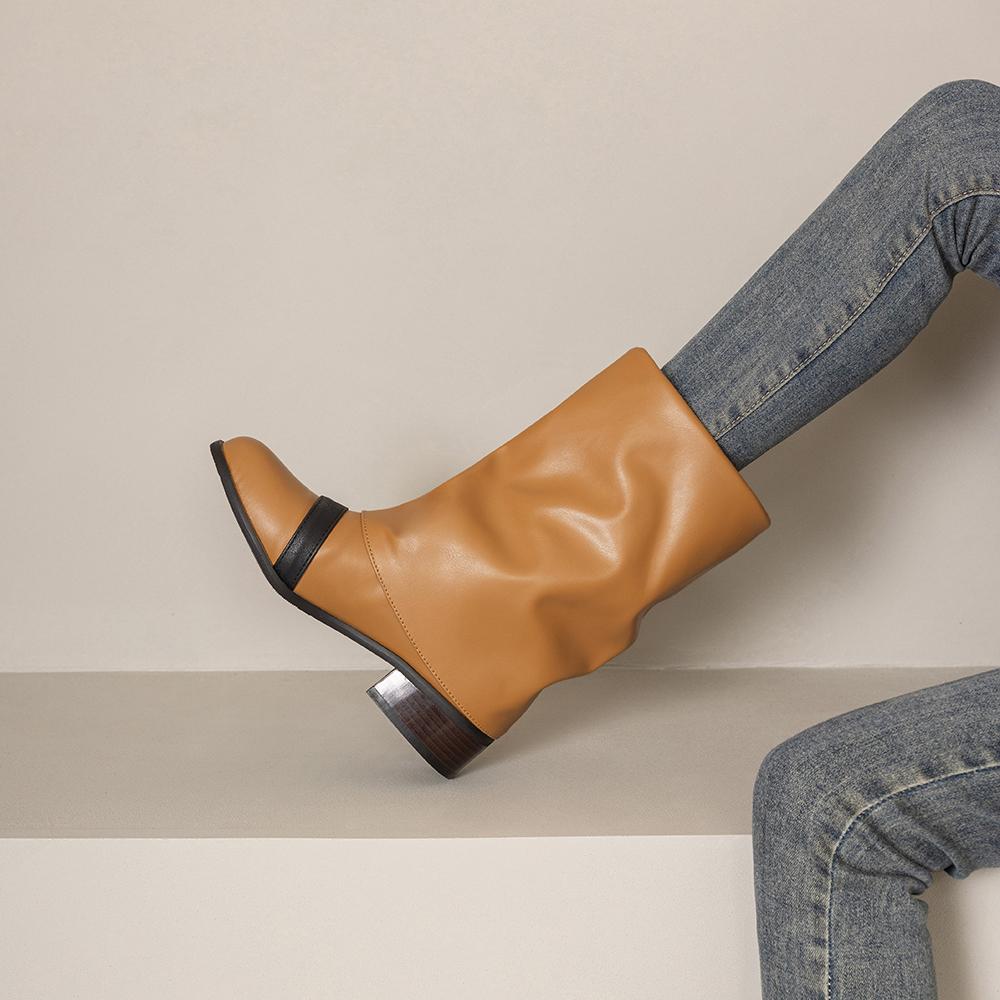 

Yellow Black Women Mid Calf Boots Round Toe Med Square Heel Big Size 47 39 жёлтый