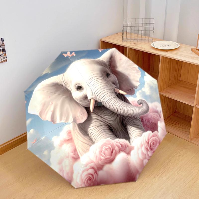 1 PC Automatic Folding Umbrella - Cute Cartoon Elephant Pattern, Portable & Foldable Design with 8 Ribs, Christmas Birthday Gifts