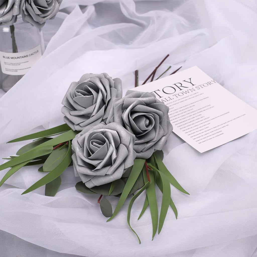 Home Artificial Flower 25PCS Silver Grey Fake Roses with Stem for DIY Wedding Bouquets Party Baby Shower Home Decortions