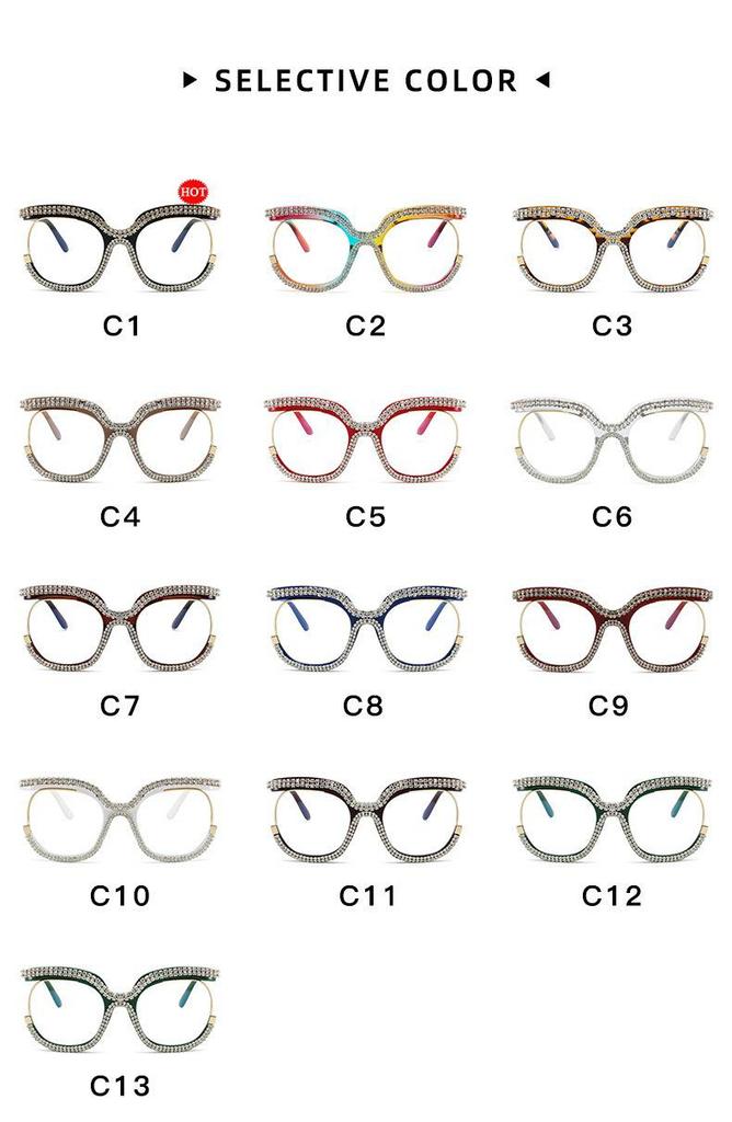 European & American Anti-blue Light Women's Glasses with Clear Lenses and Rhinestone-Inlaid Frame