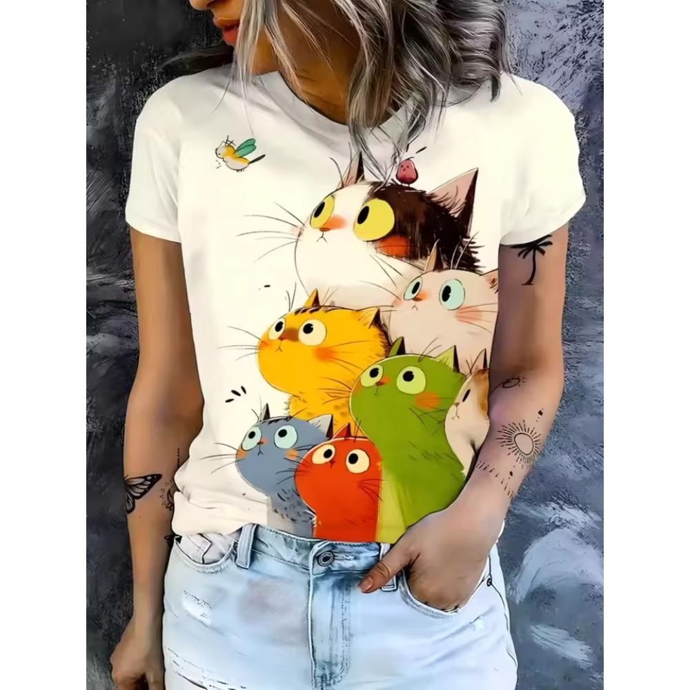 Ladies Summer Fun Cat Printed Large Loose Casual T-shirt Fashionable Comfortable Soft Breathable Short Sleeved T-shirt