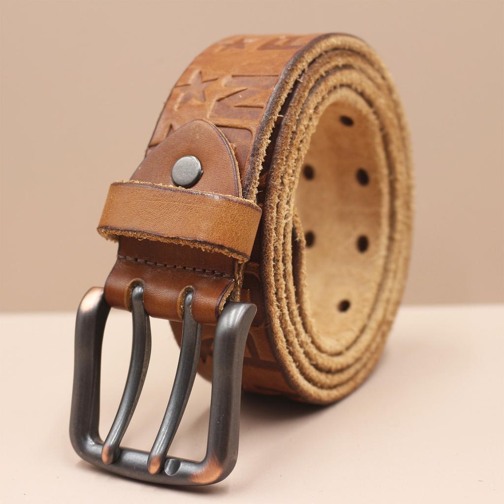 Men's Belt Genuine Leather Belt Double-pin Buckle Layer Cowhide Retro Youth Belt
