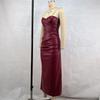 Women's Temperament Fashion PU Leather Splicing Chest Strap Fold Slit Slim Waist Long Dress