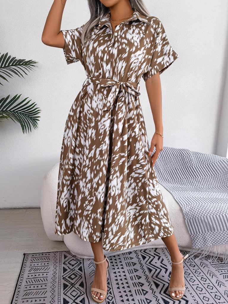 2025 Spring/Summer Casual Leopard Print Tie-Up Shirt Dress for Women