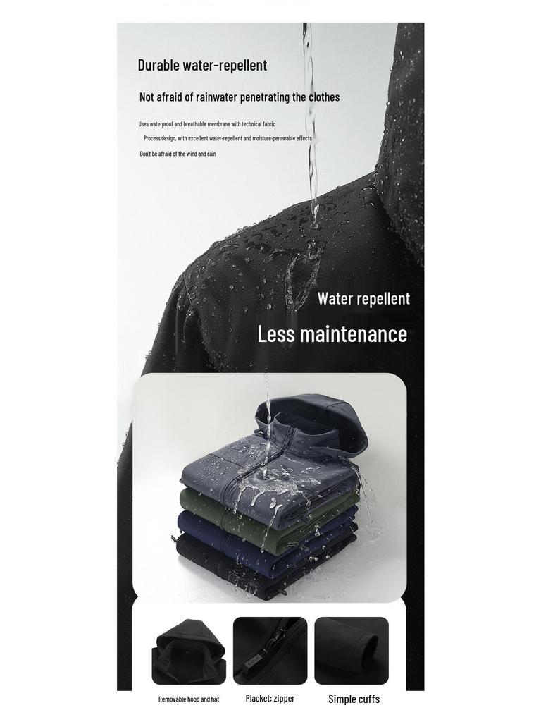 Men's 2025 Three-Proof Fleece-Lined Softshell Jacket with Detachable Hood - Windproof & Waterproof.