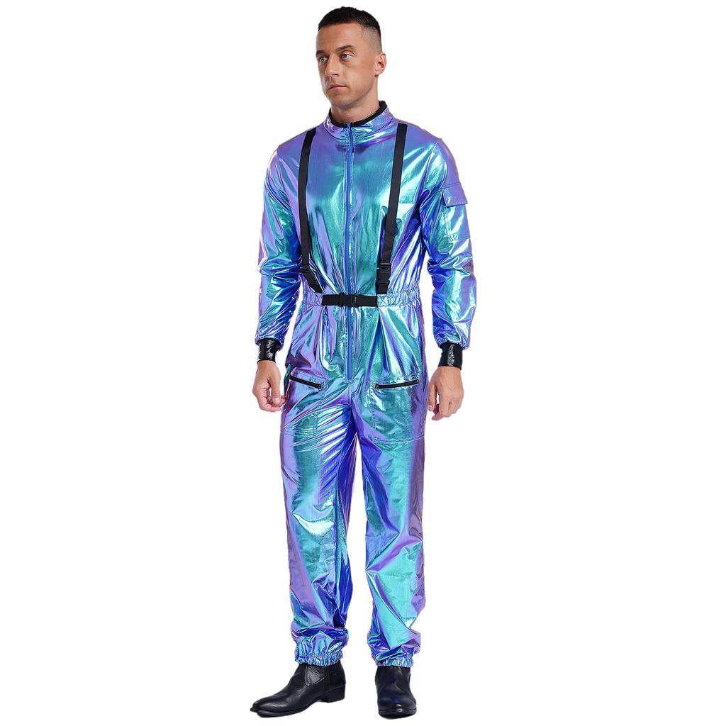 Mens Astronaut Role Play Outfit Halloween Costume Metallic Shiny Mock Neck Long Sleeve Jumpsuits Zipper Bodysuit