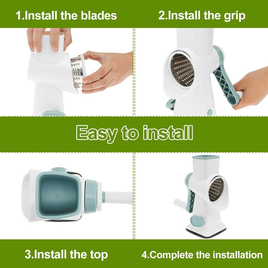 Rotary Cheese Grater with Handle Manual Rotary Cheese Grater Shredder with 3 Replaceable Stainless Steel Drum Blades and Suction