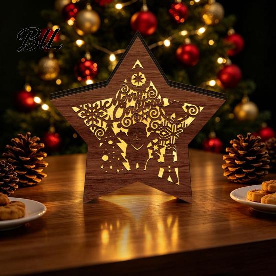 Unique Christmas Gifts 3D Wooden LED Night Light, Hollow Carved Tabletop Decor Lamp with Warm Glow, Festive Holiday Home And Office Decoration