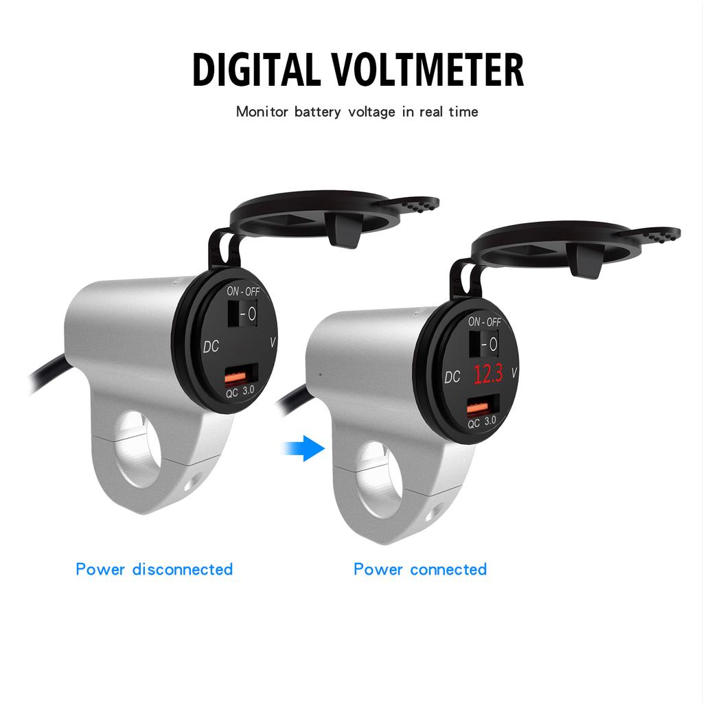 12V Motorcycle Handlebar 2.4A USB Adapter Charger with Digital Voltmeter Fits for 22mm-26mm Handlebars