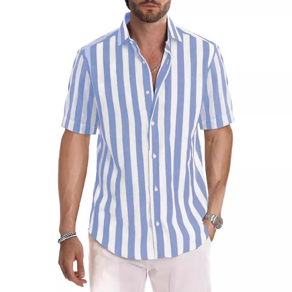 Summer Men's Casual Sports Striped Short Sleeved Lapel Shirt