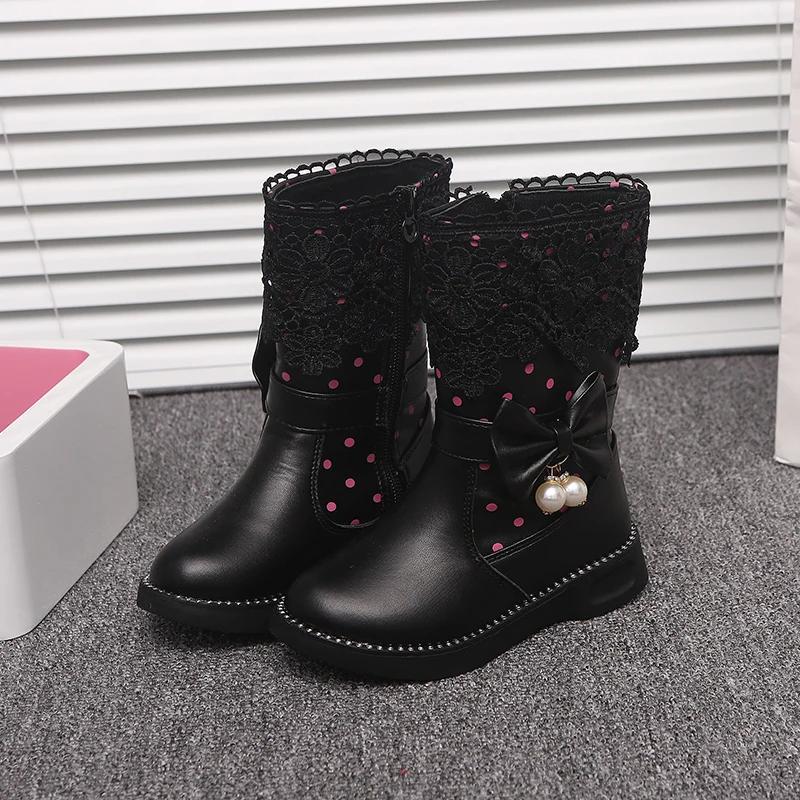Children Fashion Leather Boots Versatile Lace Beautiful Elegant Princess Shoes PU Cotton Kids Shoes Classic Boots Drop Shipping