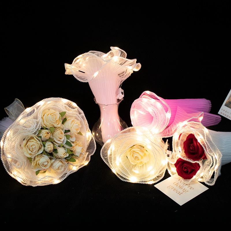 Led Flower Wrapping Paper With Lights Pearl Lace Mesh Wave Yarn Florist Bouquet Packaging Decoration Wedding Birthday Gifts