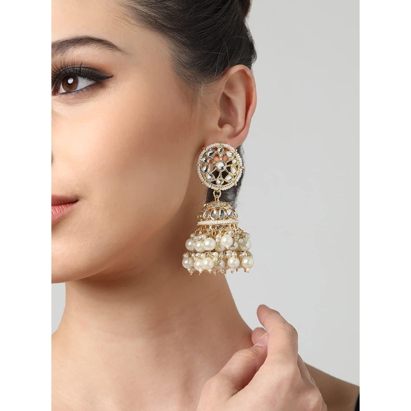 Традиционные серьги-джумки золотистого цвета с кунданом и жемчугом для женщин