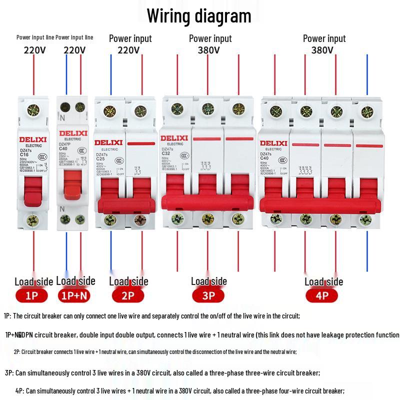 Delixi DZ47 Miniature Circuit Breaker: 1P/2P/3P/4P, 220V Single-Phase To 380V Three-Phase Air Switch for Household Use.