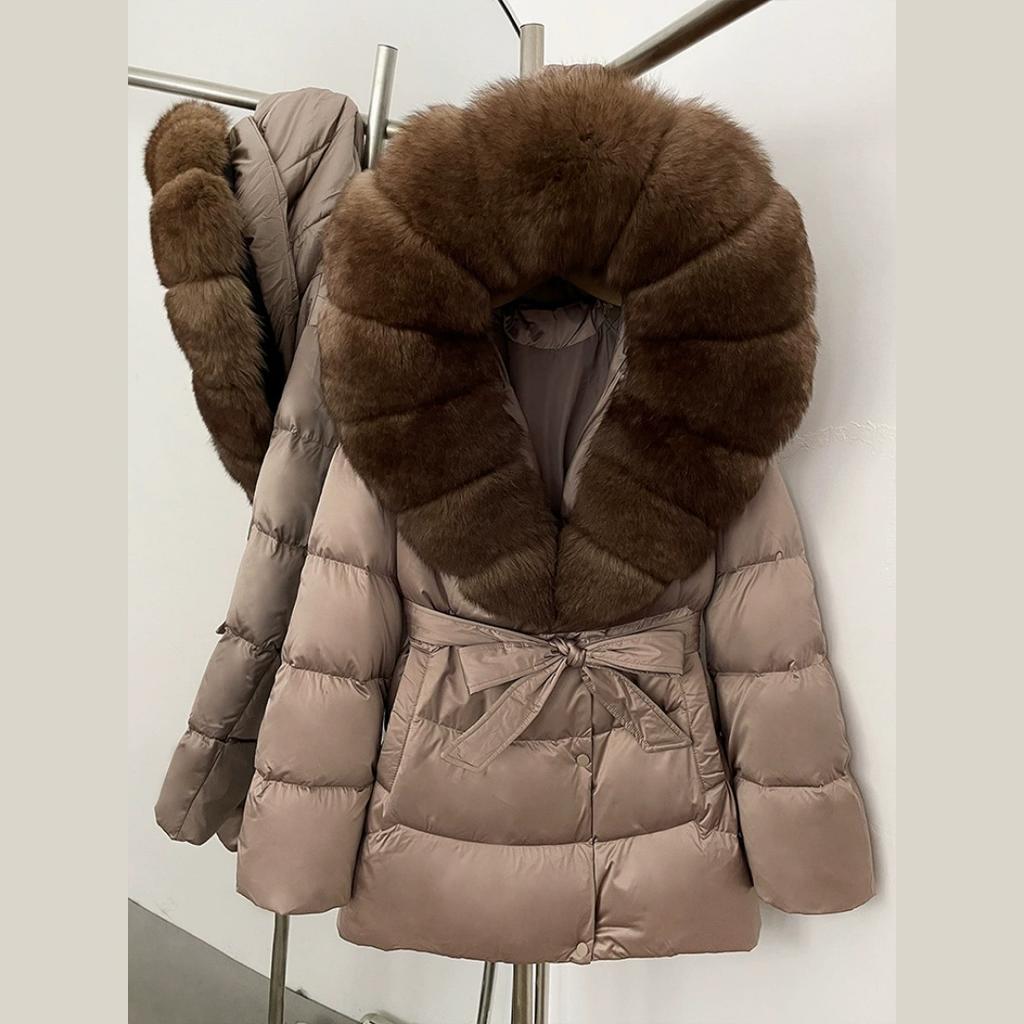 Winter Fox Big Fur Collar High-end Thickened Down Jacket Women's Mid-length Waist Imitation Leather Jacket