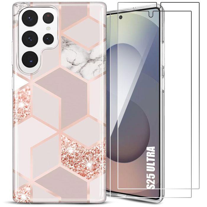 Coque de protection - BOOLING - pour Samsung Galaxy S25 Ultra - Marbre Rose - 2 Verres Trempés - Antichoc