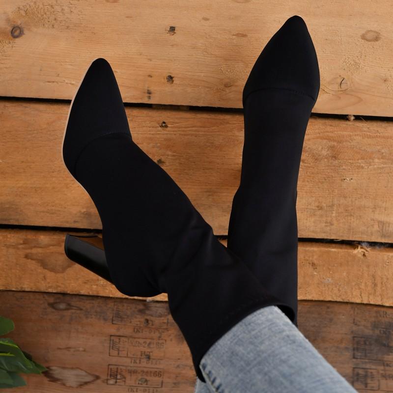 Womens Winter Stretch High Heel Ankle Boots Pointed Toe Chunky Slip-On Mid-Calf Boot Plus Size
