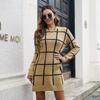 Women Fall Winter New Contrast Color Plaid Long Sleeve Sweater Bottoming Loose Knitted Dresses S-L