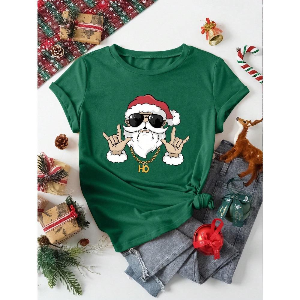 Christmas Casual Minimalist Santa Claus Graphic Round Neck Short Sleeve Women Clothes Festival Dress Up Adult T-shirt